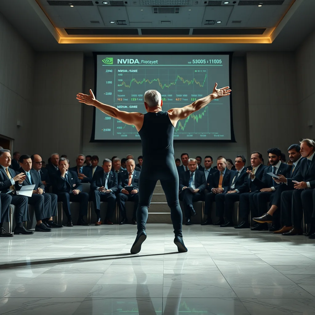 Veteran analyst Marcus Thorne performs his Nvidia earnings assessment through interpretive dance for Wall Street professionals at Goldman Sachs headquarters.