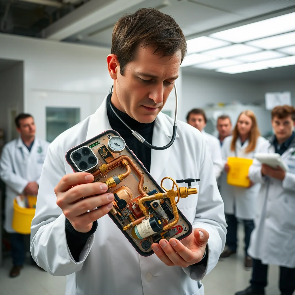Apple SVP Tim Millet performs an acoustic leak test on an iPhone 18 Pro prototype retrofitted with a hydraulic data system following a literal interpretation of product rumor terminology.