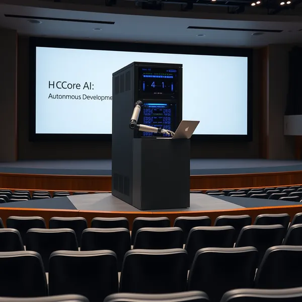 A server rack representing Apple's Core AI framework is positioned on stage at the Apple Park auditorium in Cupertino, California, during a technical rehearsal for the Worldwide Developers Conference.
