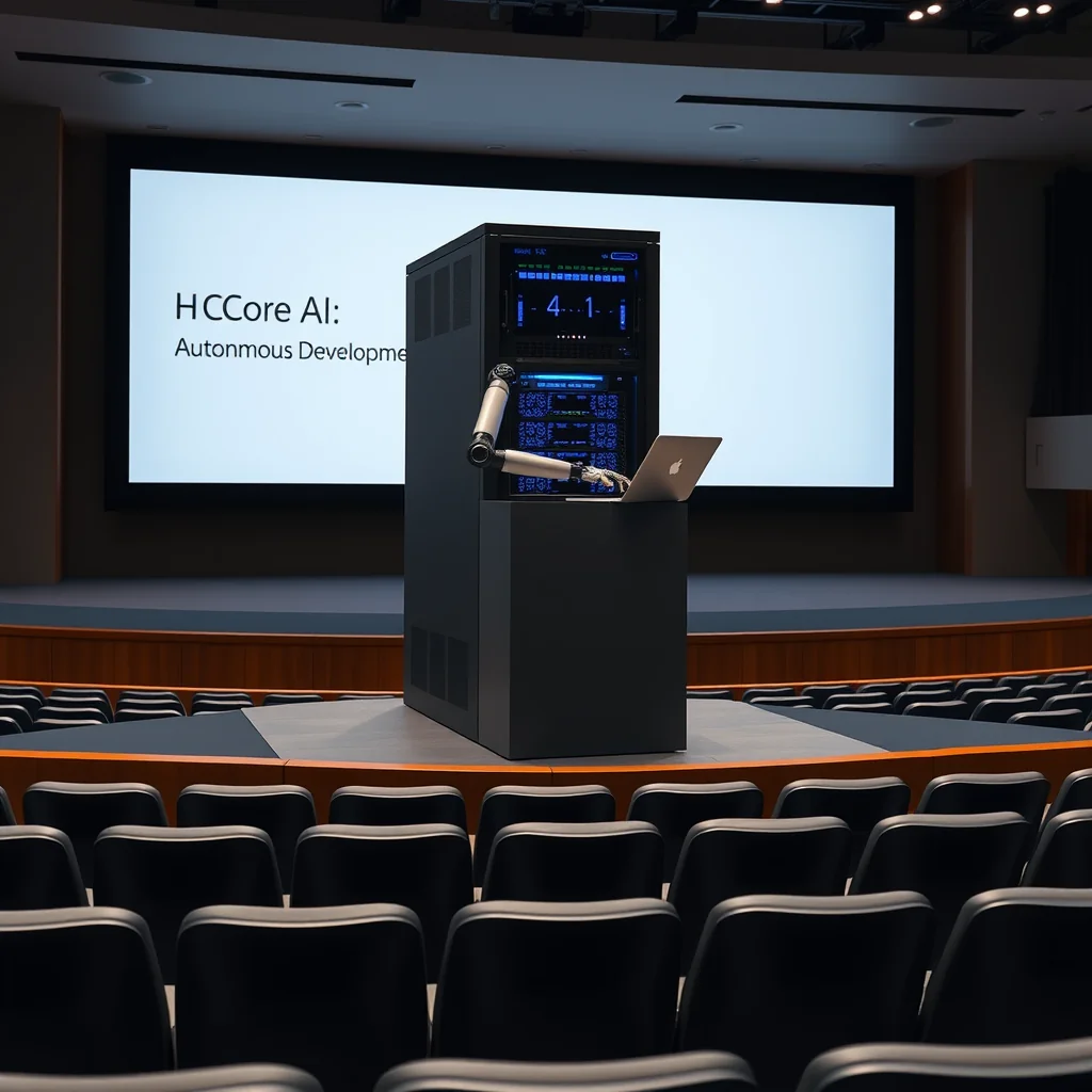 A server rack representing Apple's Core AI framework is positioned on stage at the Apple Park auditorium in Cupertino, California, during a technical rehearsal for the Worldwide Developers Conference.
