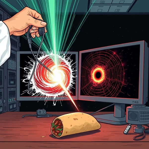 Dr. Arlo Pettigrew reviews data from a previously undetected gamma-ray burst echo at the Arecibo Observatory's remote analysis center, moments after an equipment malfunction revealed the signal.