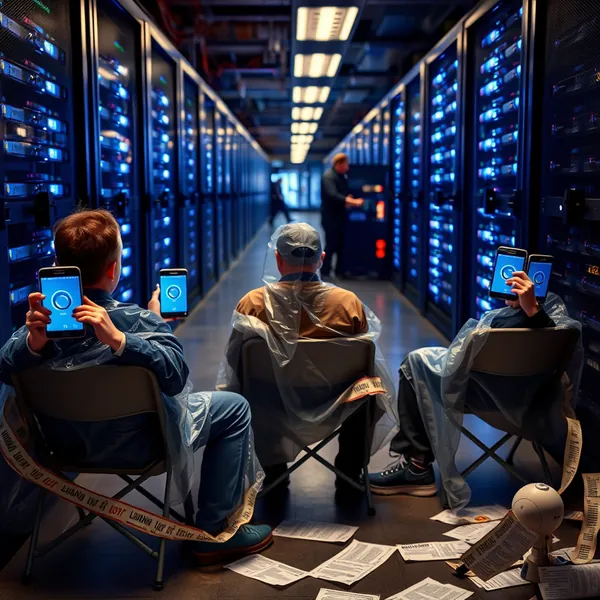 Samsung Galaxy Note users await the completion of the Google Keep update loading screen during a server room briefing in Mountain View, California.