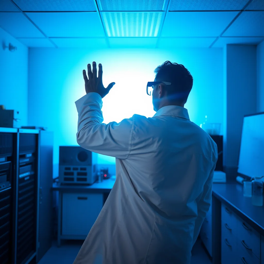 Dr. Aris Thorne displays a silicon wafer exhibiting unprecedented luminosity after experimental treatment with heavier hydrogen, as colleagues attempt to manage the persistent light source in a Stanford University quantum photonics lab.