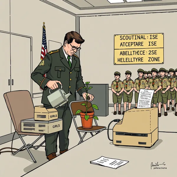 Defense Secretary Pete Hegseth announces the new provisional agreement with Scouting America as a fax machine processes the final documentation.