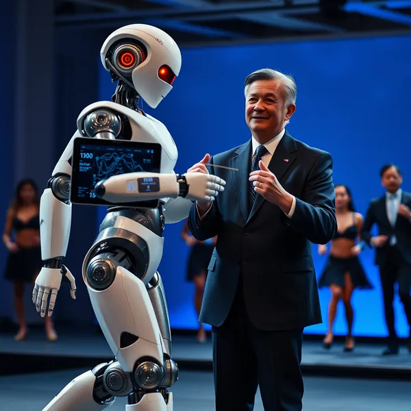 Honor CEO James Li reacts as the company's debut humanoid robot interrupts its dance routine to analyze geopolitical risk factors during a Mobile World Congress demonstration in Barcelona.