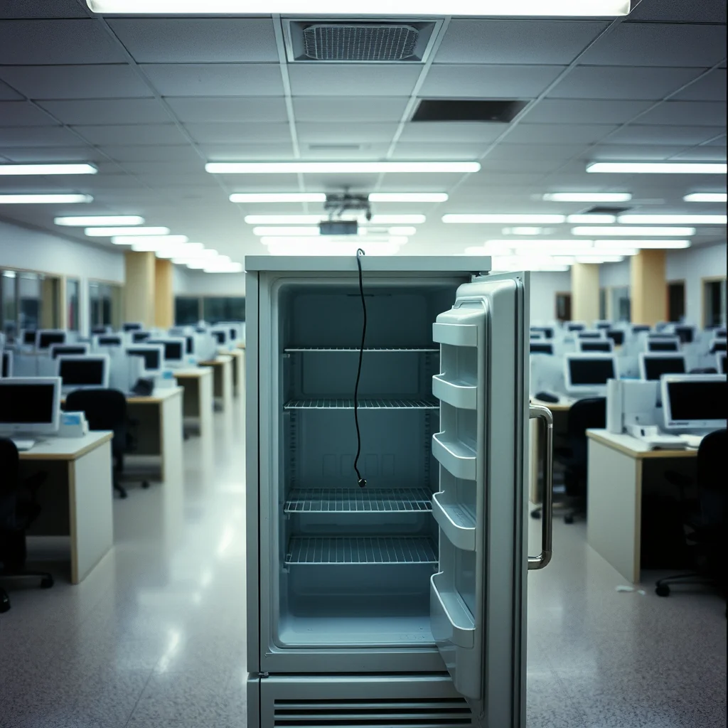 Jack Dorsey reviews AI findings beside the refrigerator that triggered layoffs at Block Inc., as a disconnected sensor wire hangs loosely from the appliance door.