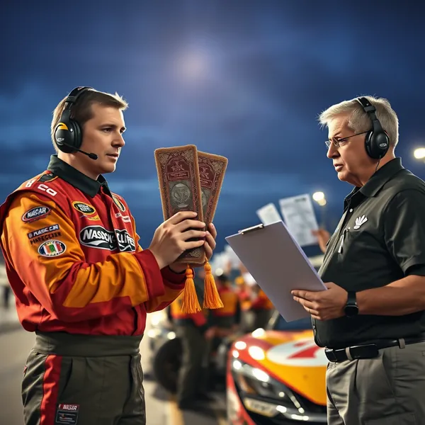 Crew chiefs crowd around a designated results binder during NASCAR practice at COTA, attempting to manually transcribe data as mandated by the sanctioning body's new physical bookmark protocol.