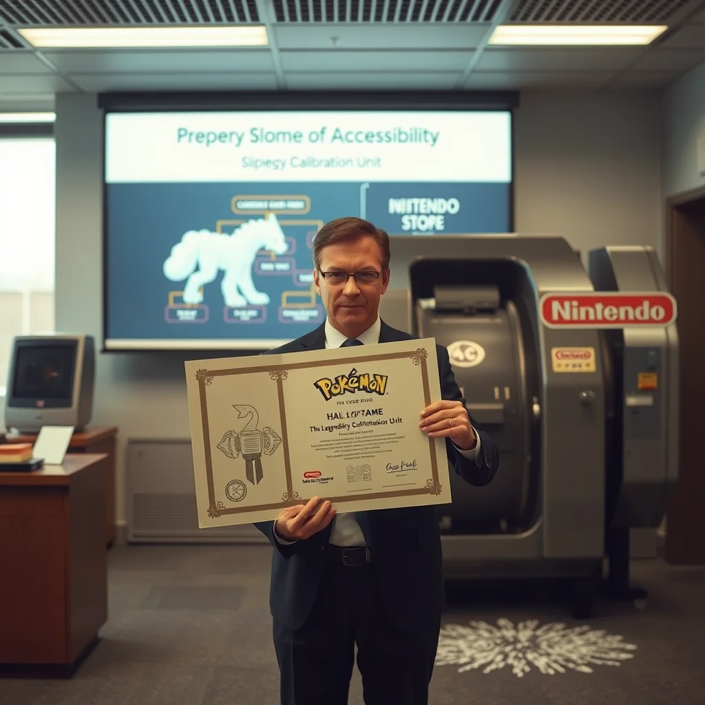 A Bureau of Competitive Integrity agent prepares to void a trainer's Hall of Fame credentials, despite the trainer's successful capture of the legendary Pokémon Deoxys, visible on the Nintendo Switch screen.