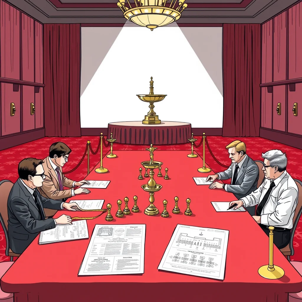 Members of the WGA West's Preliminary Ceremonial Resolution Working Group evaluate venue logistics during their first organizational meeting at the JW Marriott hotel in downtown Los Angeles.