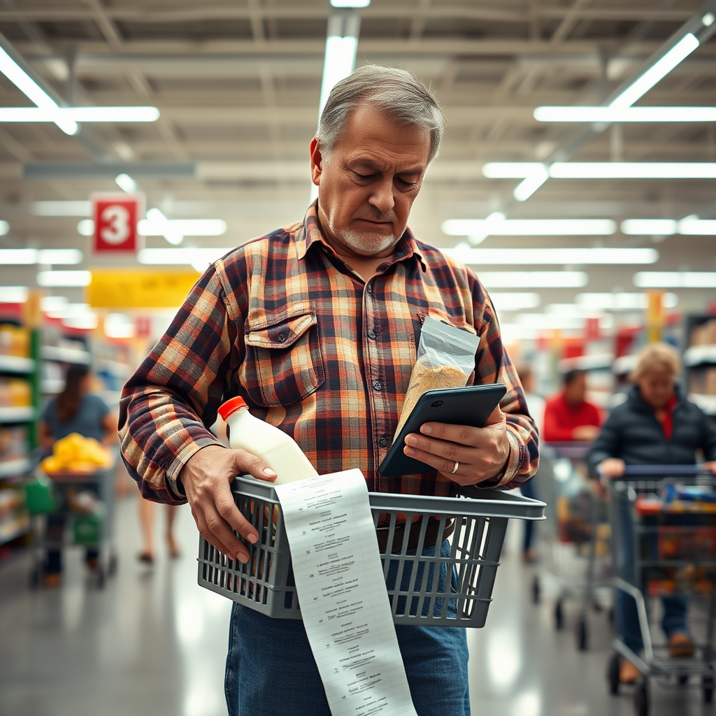 A consumer examines a lengthy receipt at a department store in Arlington, Virginia, following the implementation of new import tariffs on common household goods.