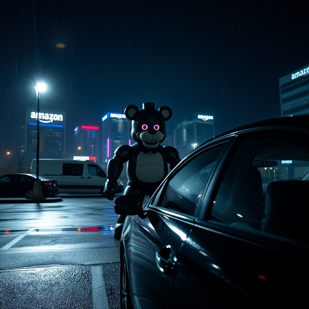 An Amazon employee encounters the newly deployed Glamrock Freddy animatronic security unit during a late-night departure from the company's Seattle headquarters.