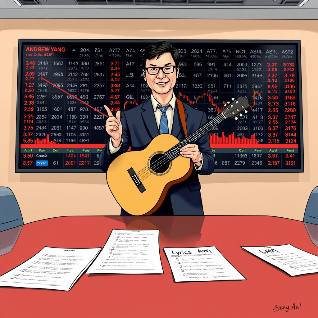 Former presidential candidate Andrew Yang demonstrates his proposed musical retraining program for white-collar workers on a trading floor mezzanine, with AI stock tickers glowing in the background.
