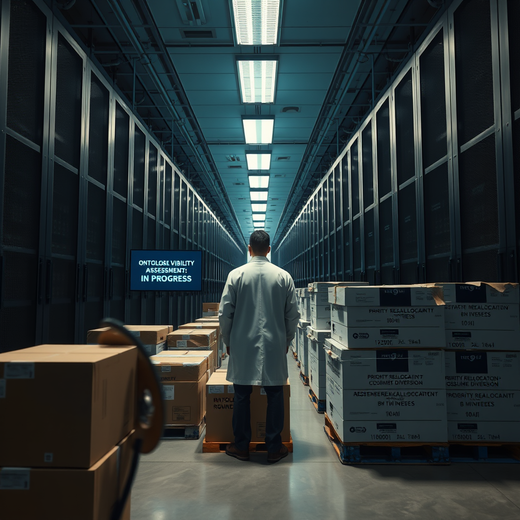 A data center technician monitors existential threat assessment algorithms while Steam Deck components remain warehoused for AI priority allocation.