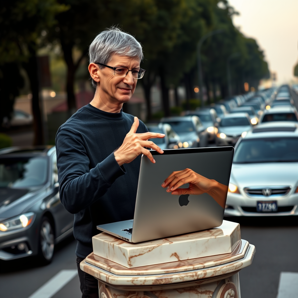 A Cupertino traffic engineer uses the Dynamic Island feature on a new MacBook Pro to manage a single vehicle's passage while the city's broader gridlock remains unaddressed.