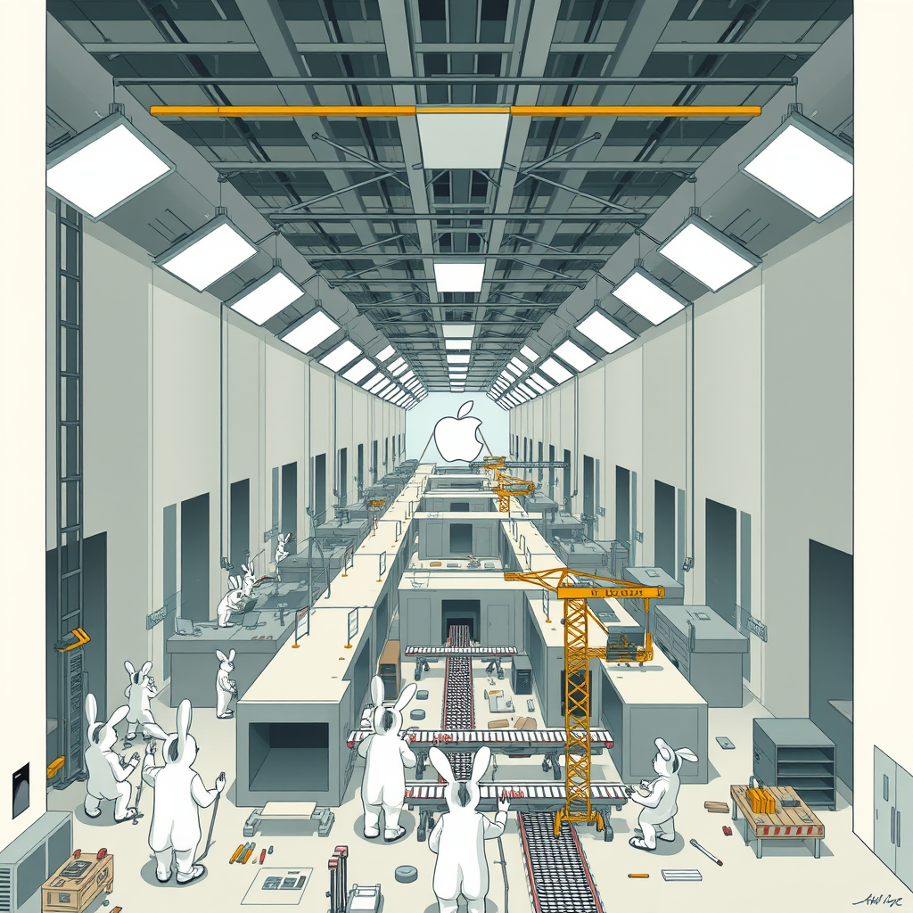 Workers assemble the framework for Apple's new internal factory within its existing Houston facility, part of a recursive expansion strategy to double manufacturing capacity on the same footprint.