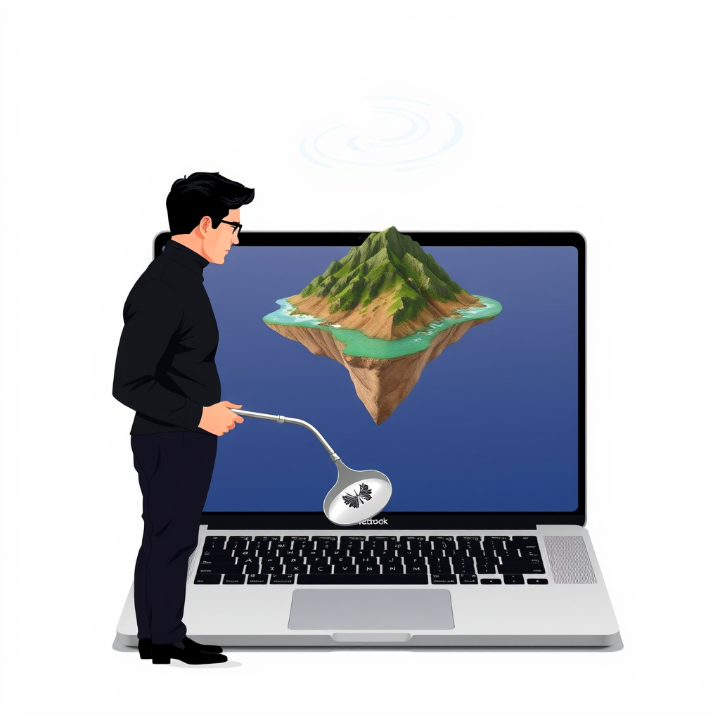 An Apple engineer demonstrates the emergency life raft deployment feature of the new MacBook Pro's Dynamic Island during a product briefing at the company's Cupertino headquarters.