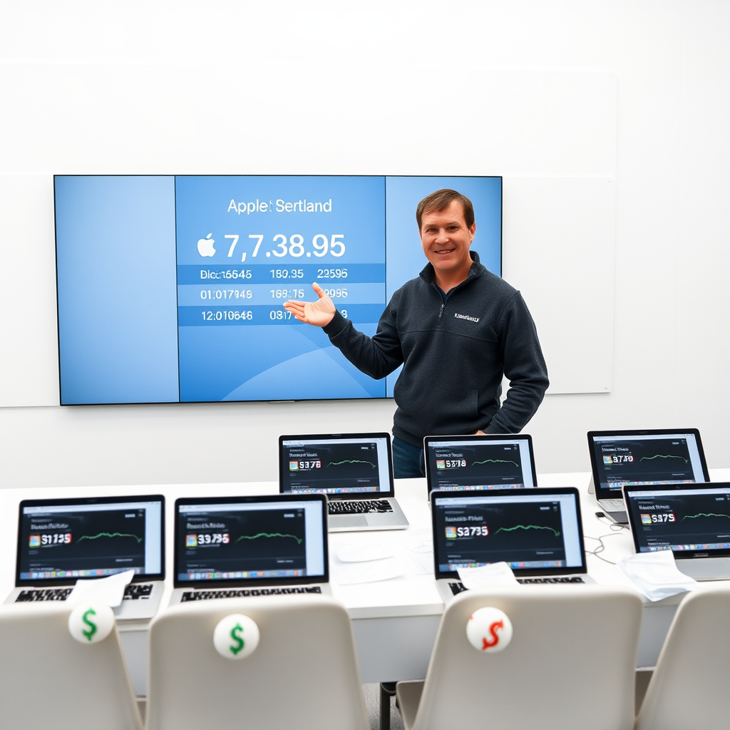 Apple executives demonstrate the new Touch MacBook Pro's financial dashboard feature during a product briefing at company headquarters in Cupertino, California.