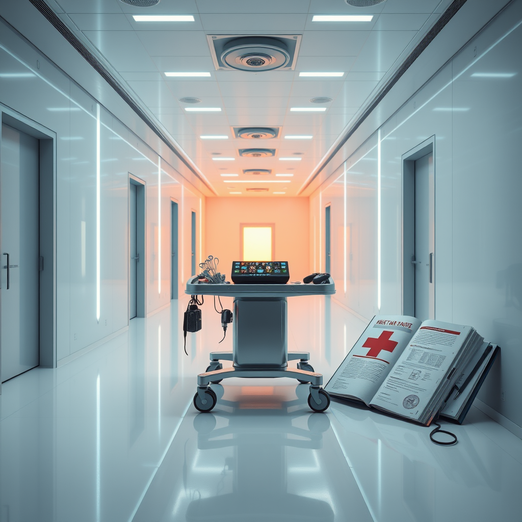 An ARC Raiders player character utilizes a cosmetic diagnostic tool to adjust their Surgeon Deck attire while an enemy Raider advances unnoticed in the background of the Shrouded Sky update zone.