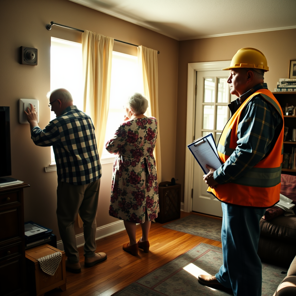 EPA officials observe Leroy and Loretta Lockhorn during a mandated monitoring session at their home, designated a chronic interpersonal toxicity site due to their long-standing argument over the home's temperature setting.