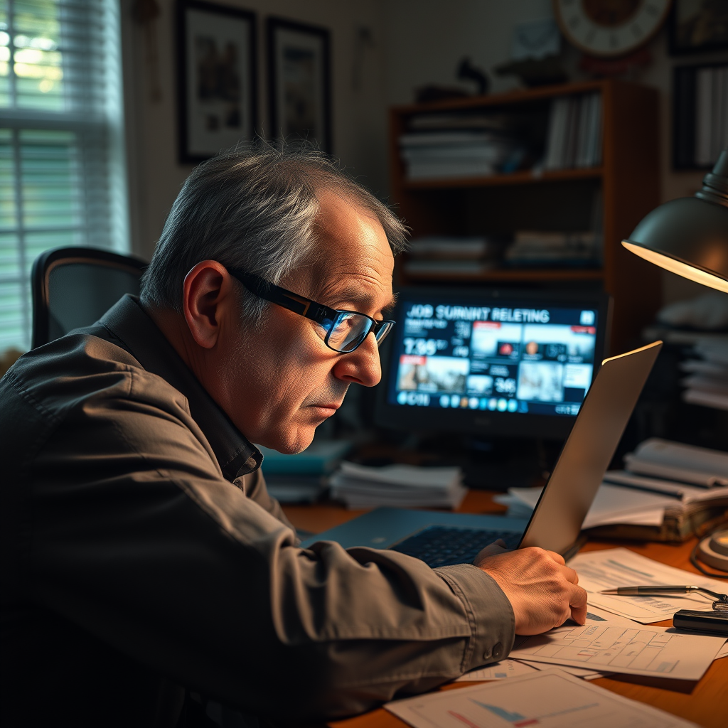 Washington, D.C. economist Bernard Plinth reviews conflicting employment data on his personal computer after a routine web search escalated into a recursive informational paradox.