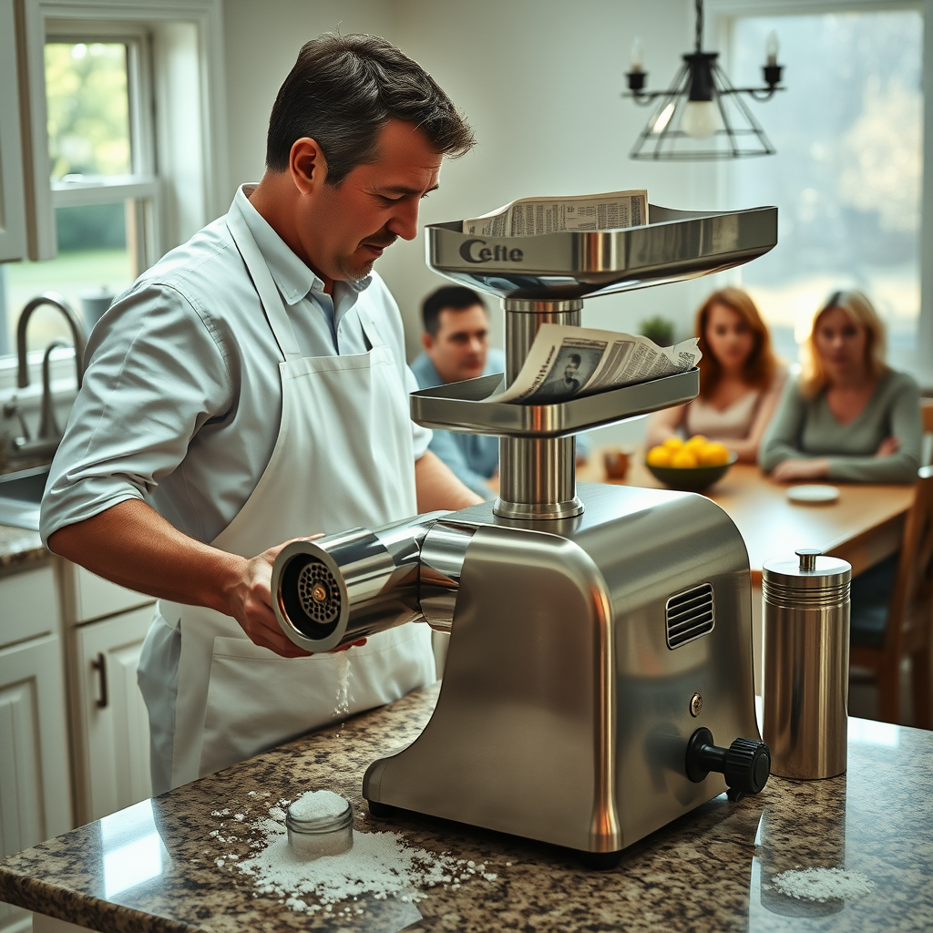 Ron Pilkington, founder of the local Beat Breakfast Club, prepares the day's news for consumption using a commercial meat grinder during the group's weekly meeting in his Chicago home.