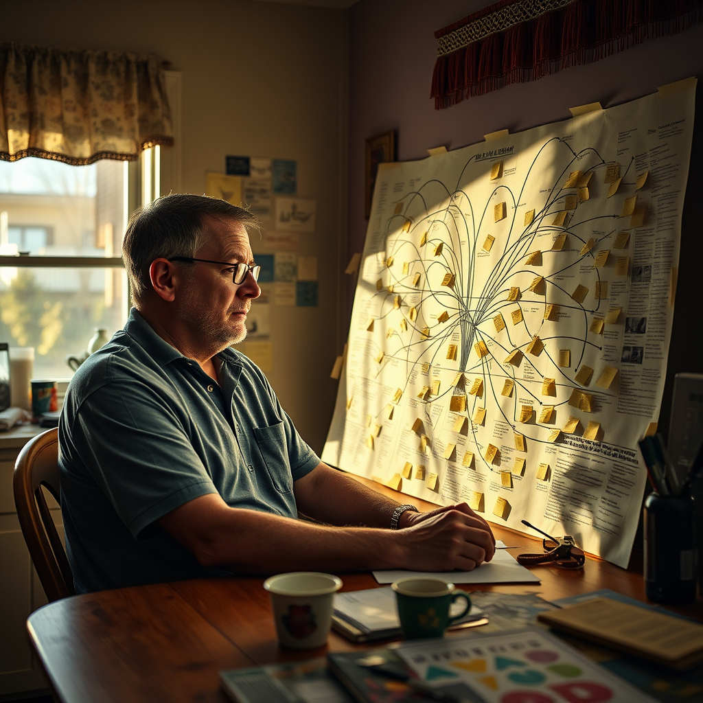 Kyle Brubaker reviews his detailed charts linking local unsolved homicides to his claim of intellectual property, at his residence in Akron, Ohio.