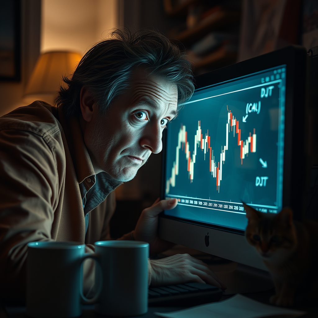 Local investor Chip Weatherby analyzes the intraday candlestick chart for Trump Media & Technology Group stock in his home office, following its recent price fluctuations.