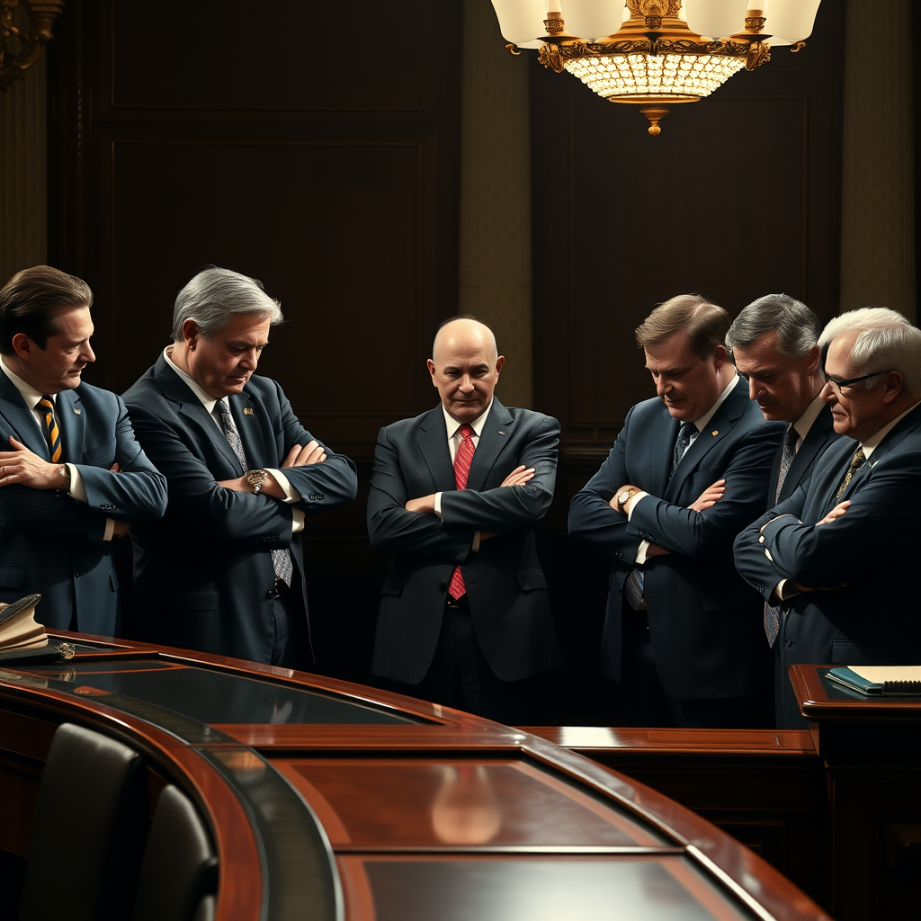 A group of six Republican representatives are seen conferring on the House floor moments after a vote to challenge presidential tariffs on Canada, with Democratic colleague Gregory Meeks looking on from a distance.