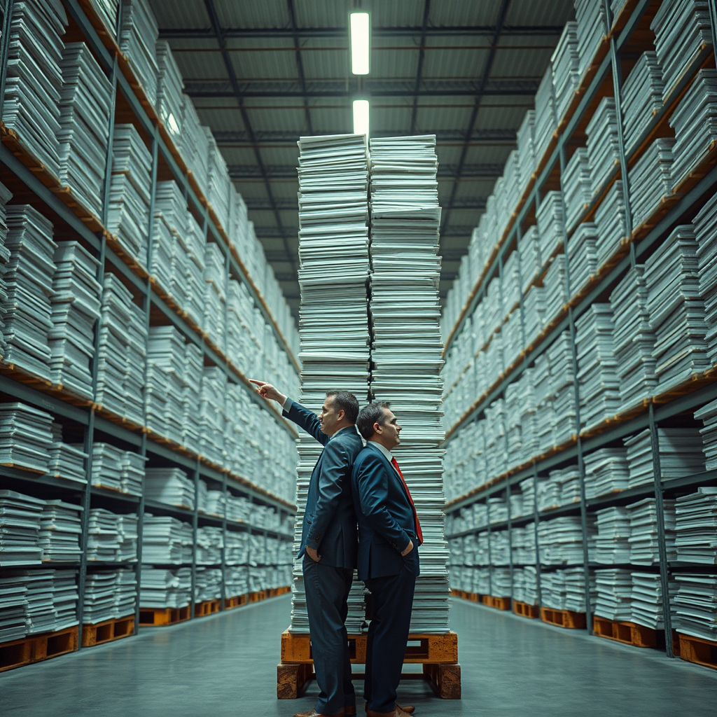 A congressional staffer surveys the 18,000-page Bipartisan AI Harms Inventory Report after its delivery to a Capitol basement storage facility.