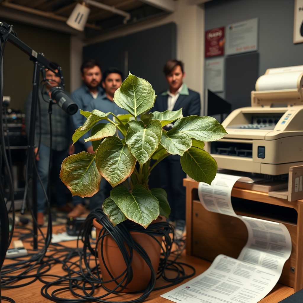 Hosts of 'The Culture Show' monitor a potted fern connected to audio equipment during a prolonged effort to channel local artistic talent at the GBH studios in Boston.