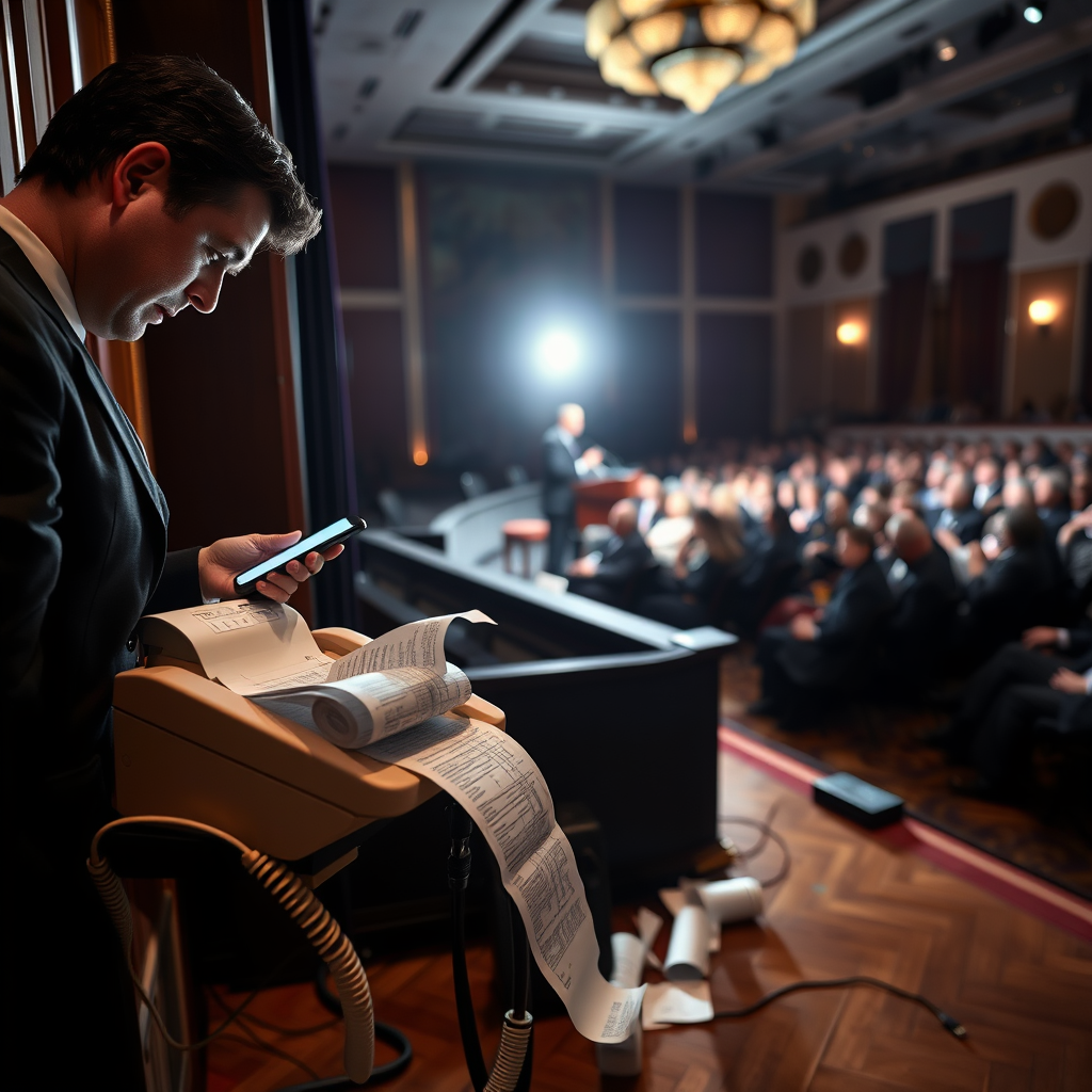 A Democratic Party aide consults a real-time data feed from a repurposed fax machine during Senator Adam Schiff's address at the California Democratic Convention in San Francisco.