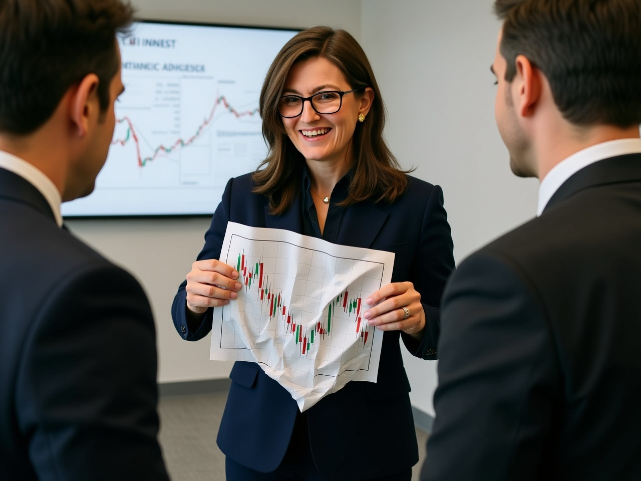 Cathie Wood addresses her team at ARK Invest's temporary trading floor, illustrating her investment thesis against a backdrop of real-time portfolio losses displayed on a large screen.