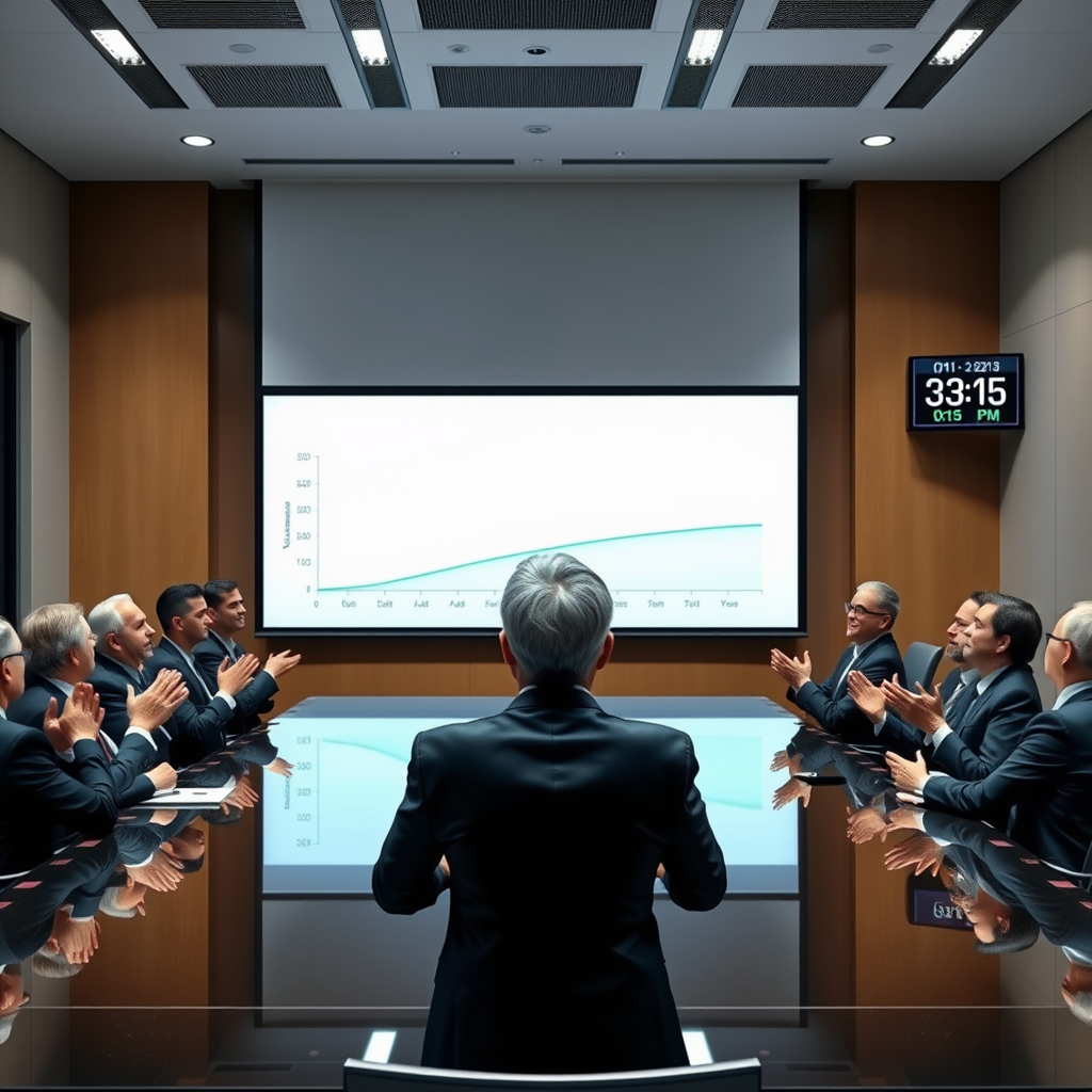 Circle Internet CEO Jeremy Allaire presides over a quarterly review in the company's permanently tilted boardroom, following the declaration of the profit surge as an ongoing corporate state.