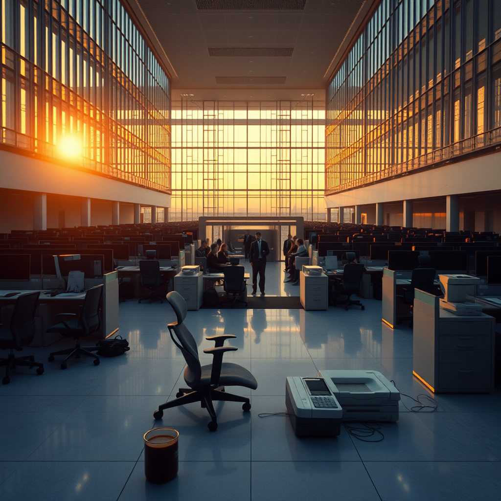 A temporary legal consultant reviews liability pathways for AI-related employment disputes in a Chicago co-working space, utilizing a custom-built device to manage case filings.