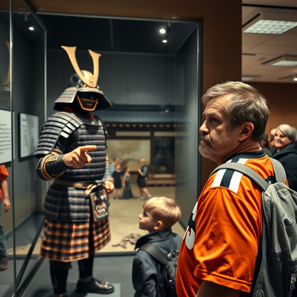 A visitor gestures toward a samurai armor display at the Cleveland Heights Historical Society's 'Echoes of the Shogunate' exhibit, which opened to public criticism Tuesday.