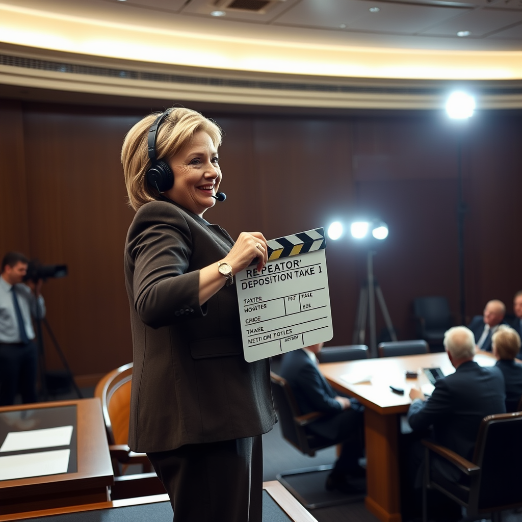 Former Secretary of State Hillary Clinton directs lighting adjustments during a paused deposition before the House Oversight Committee's Epstein investigation, insisting on professional production standards for the closed-door testimony.