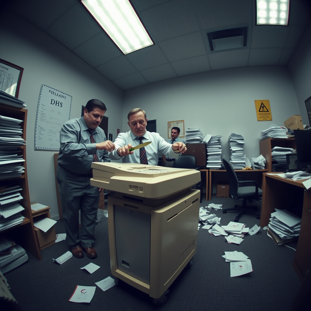 Department of Homeland Security employees attempt to clear a paper jam from an aging fax machine during the partial government shutdown, as the agency focuses on internal administrative tasks.