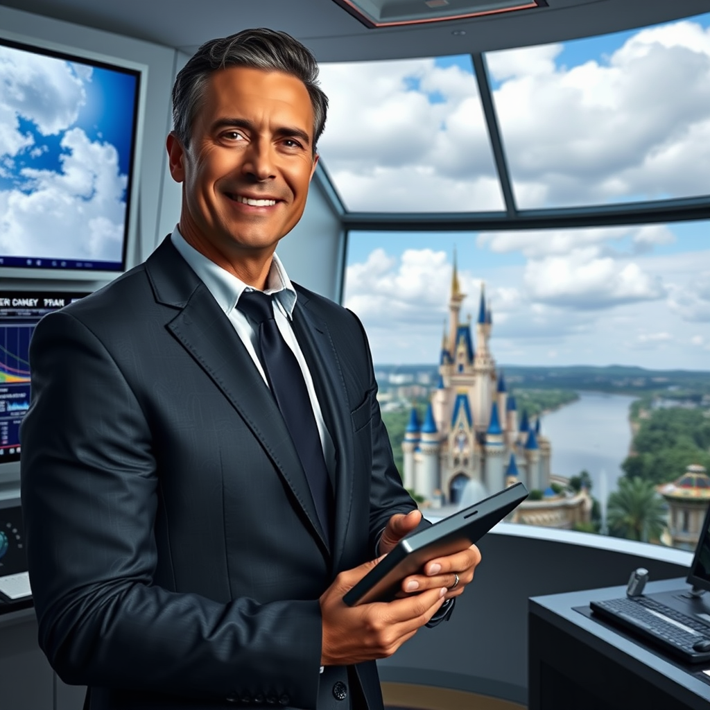 Disney CEO Josh D'Amaro monitors the newly operational atmospheric control system from the Project Cirrus command center in Burbank, California.