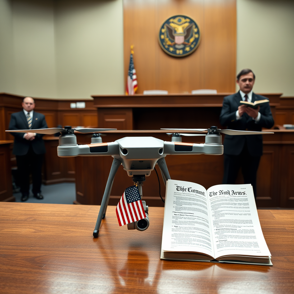 A DJI attorney presents one of the company's drones while awaiting a hearing on its petition to challenge the FCC's import ban.