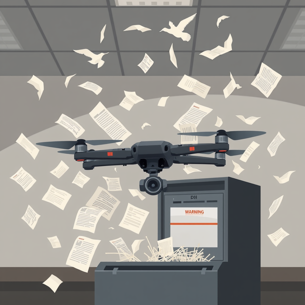 A DJI executive navigates a briefing room inundated with spontaneously generated legal documents, which the company alleges is a direct result of the FCC's 'careless' regulatory actions.