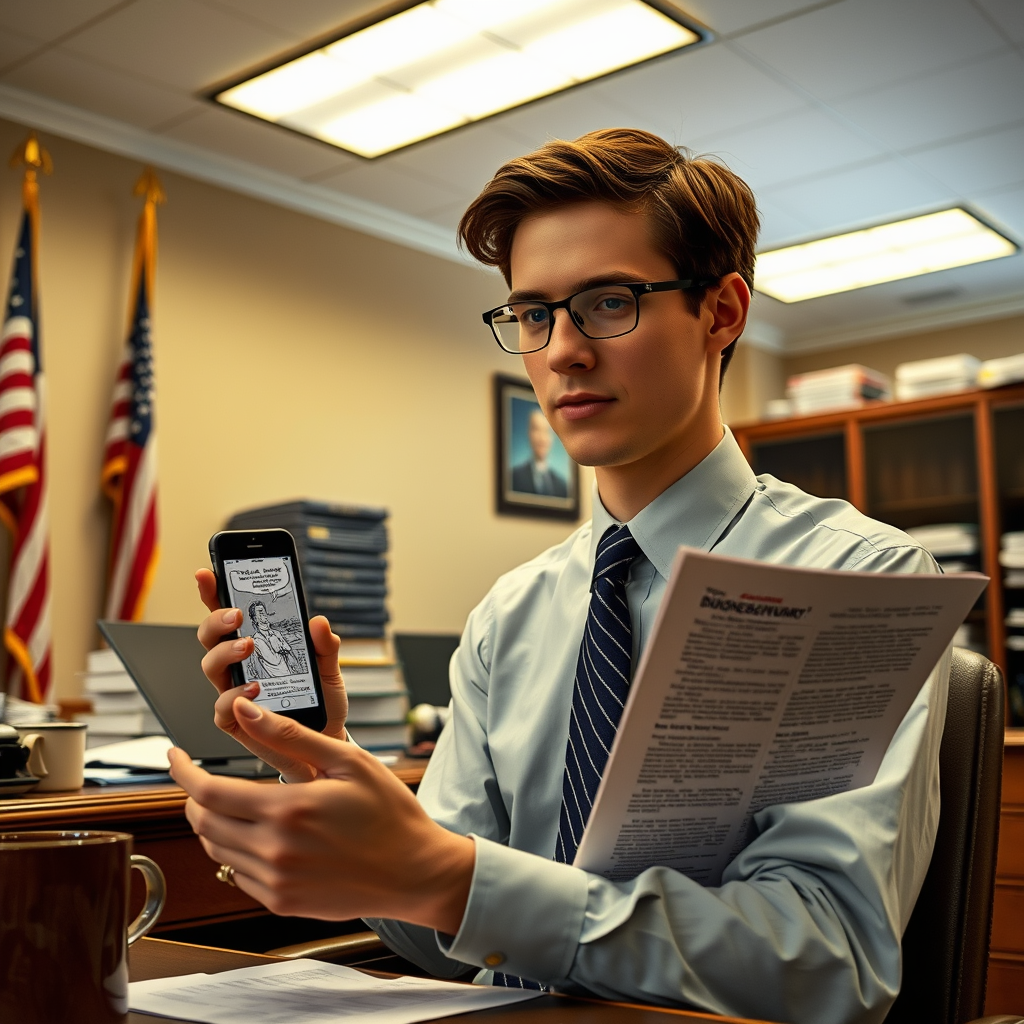Congressional intern Elijah Schwartz compares a 'Doonesbury' comic strip from 2026 with an official Senate subcommittee transcript in the Dirksen Senate Office Building.