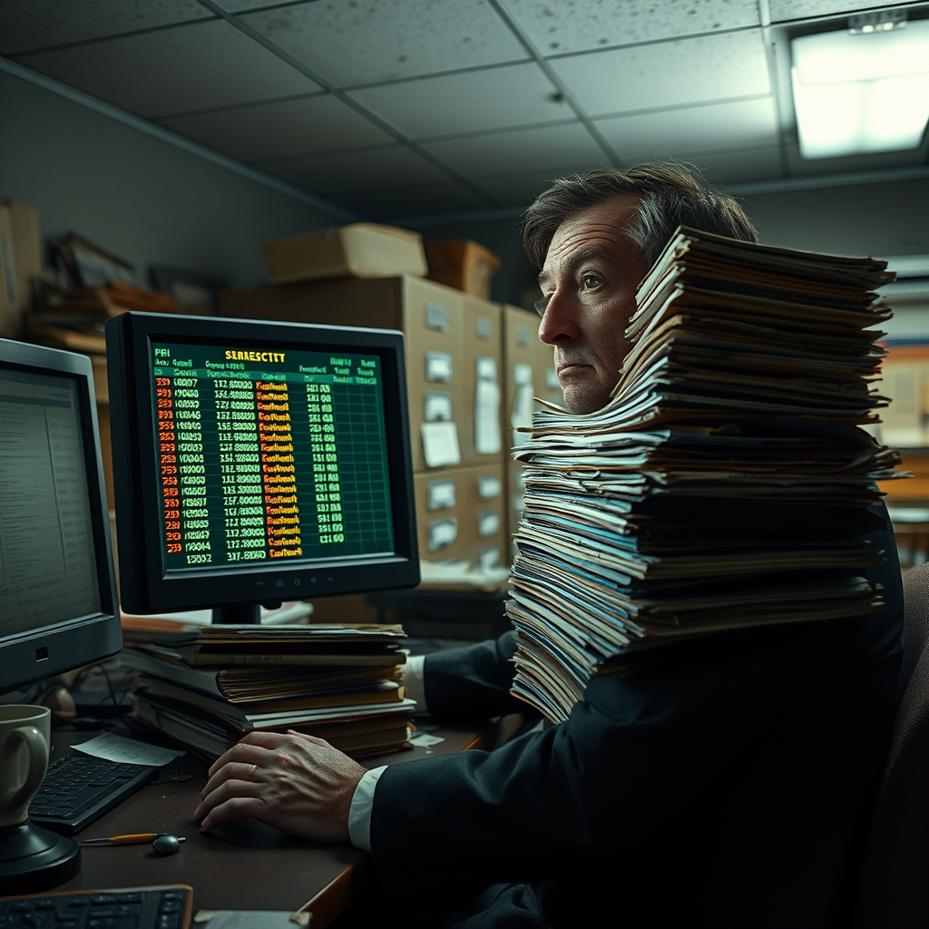 An FBI analyst reviews corrupted Jeffrey Epstein flight logs during a late-night session at the J. Edgar Hoover Building in Washington, D.C.