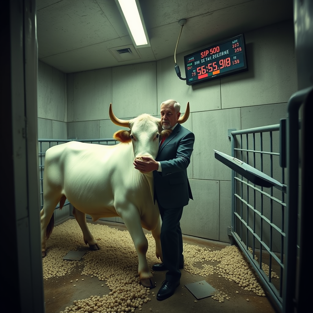 A Federal Reserve official administers a scheduled feeding to the bull maintained in a secured facility beneath the bank's Washington D.C. headquarters, a routine that has been correlated with market performance.