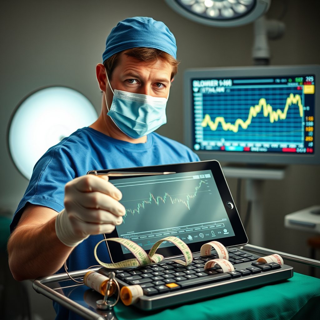 Dr. James Dahle prepares to analyze a software stock using his surgical investment methodology, with specialized tools replacing traditional trading interfaces.