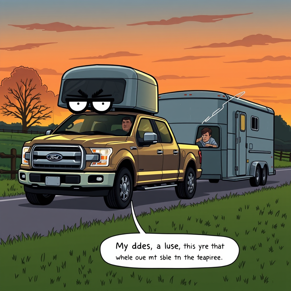 A Ford technician performs a 'Philosophical Reset' on an F-250 pickup, attempting to silence the trailer's unsolicited commentary on the owner's driving habits.
