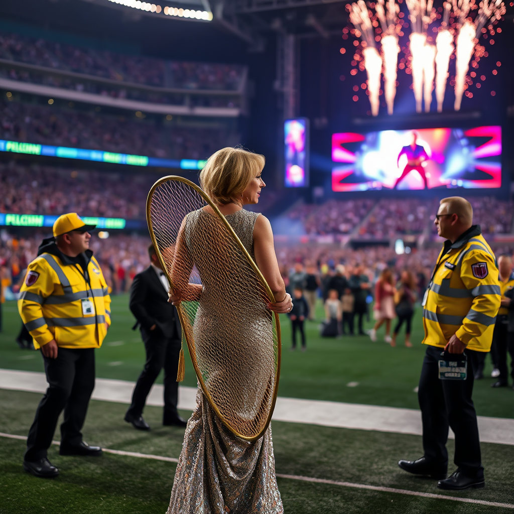 Jill Zarin is apprehended by security personnel while holding a butterfly net on the field during the Super Bowl LVIII halftime show in Las Vegas.