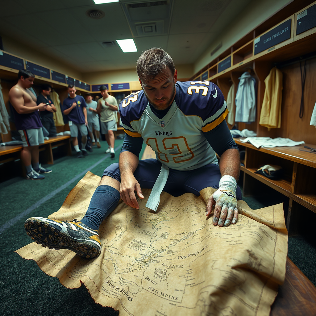 Vikings quarterback Kirk Cousins reviews navigational charts for North Sea routes following a team meeting focused on implementing historical Viking tactics into modern play-calling.
