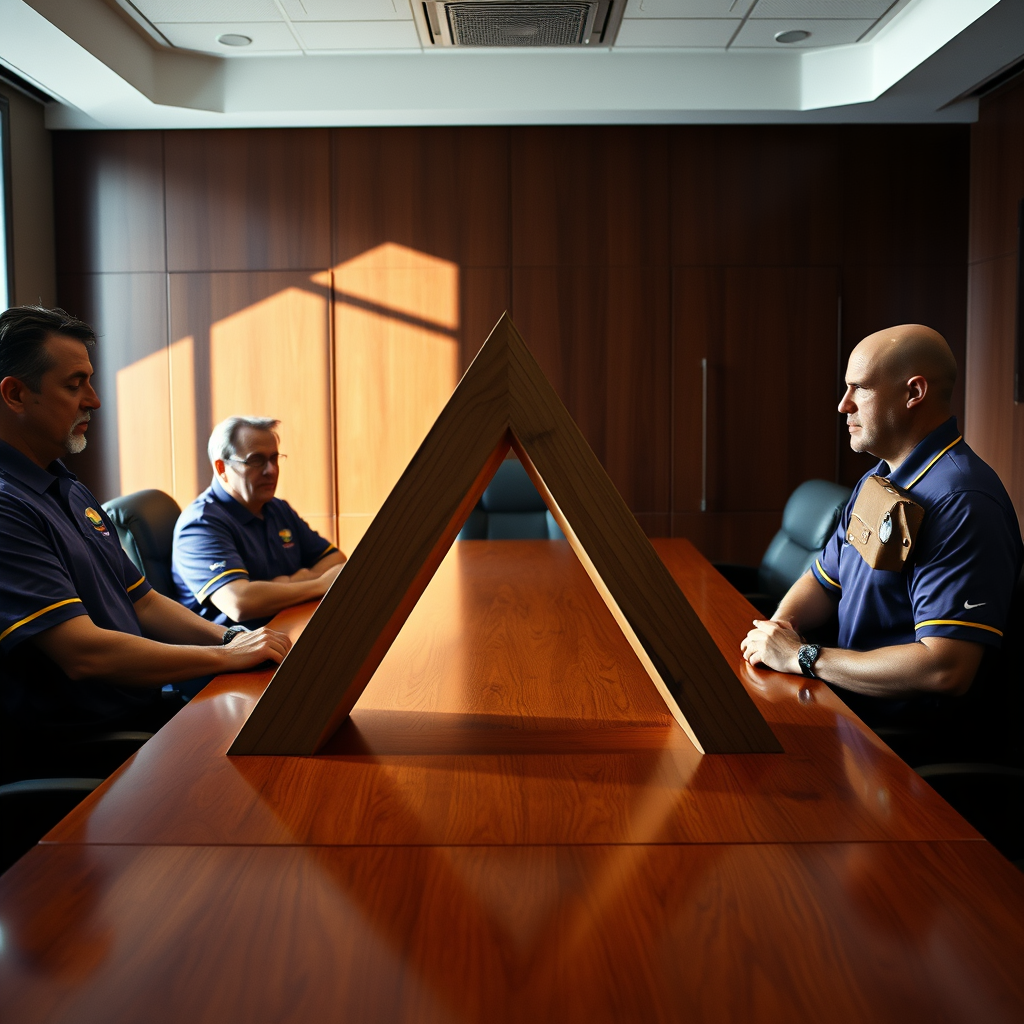 Minnesota Vikings leadership, including head coach Kevin O'Connell, consults the team's triangular authority structure during a front-office meeting at team headquarters in Minneapolis.