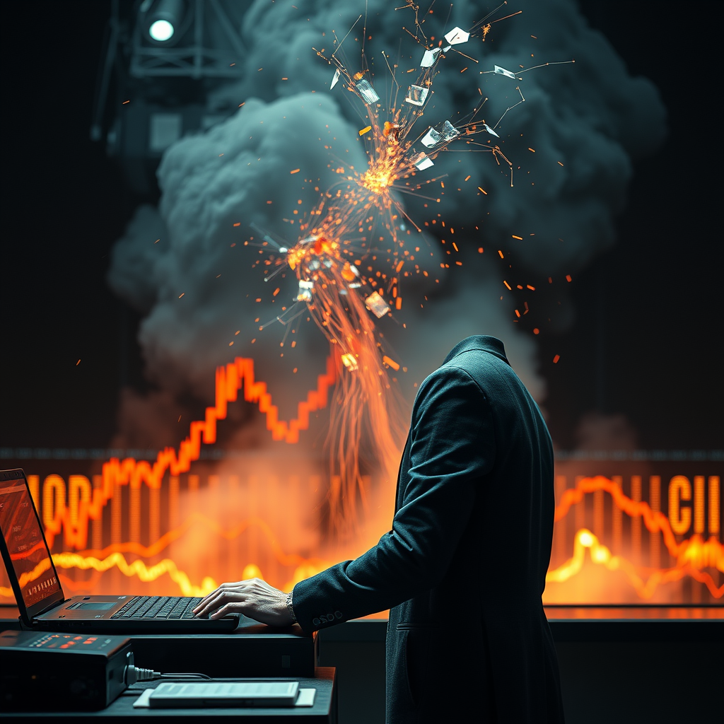 A Goldman Sachs analyst attempts to troubleshoot a malfunctioning fax machine during a market downturn linked to a slowdown in U.S. technological innovation.