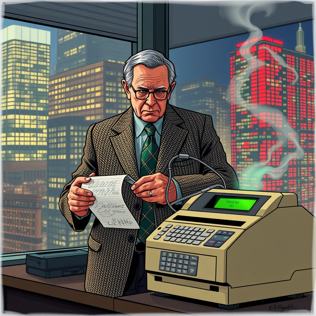 Financial consultant C. Bernard Kensington III prepares a stock purchase order for manual transmission via fax machine as algorithmic trading turmoil grips markets.